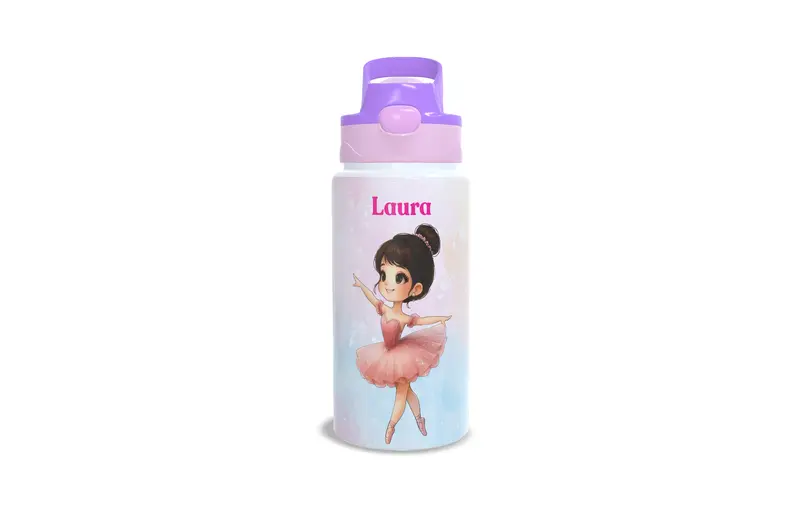 Garrafa de Alumínio - 500ml - Kids - Branca - Tampa Automática - Rosa e Lilás