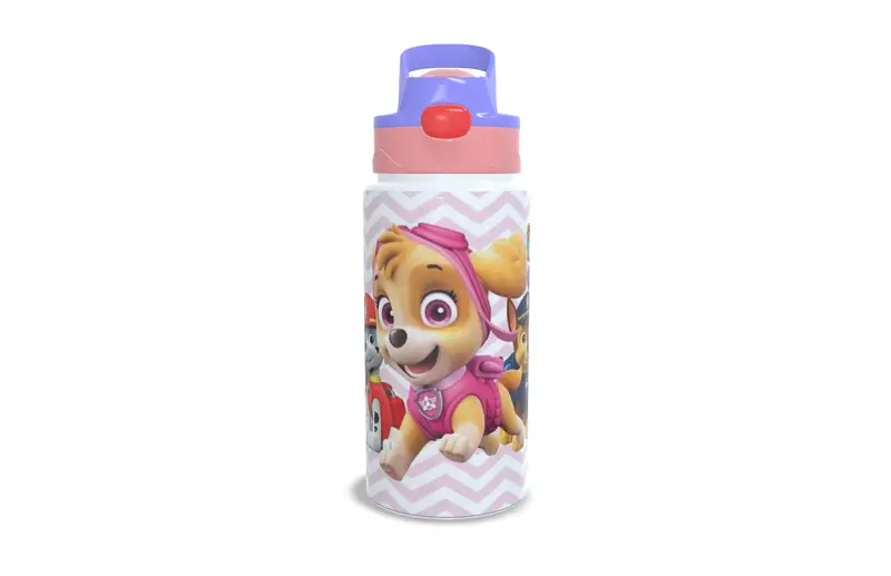 Garrafa de Alumínio - 500ml - Kids - Branca - Tampa Automática - Rosa e Azul Lilás