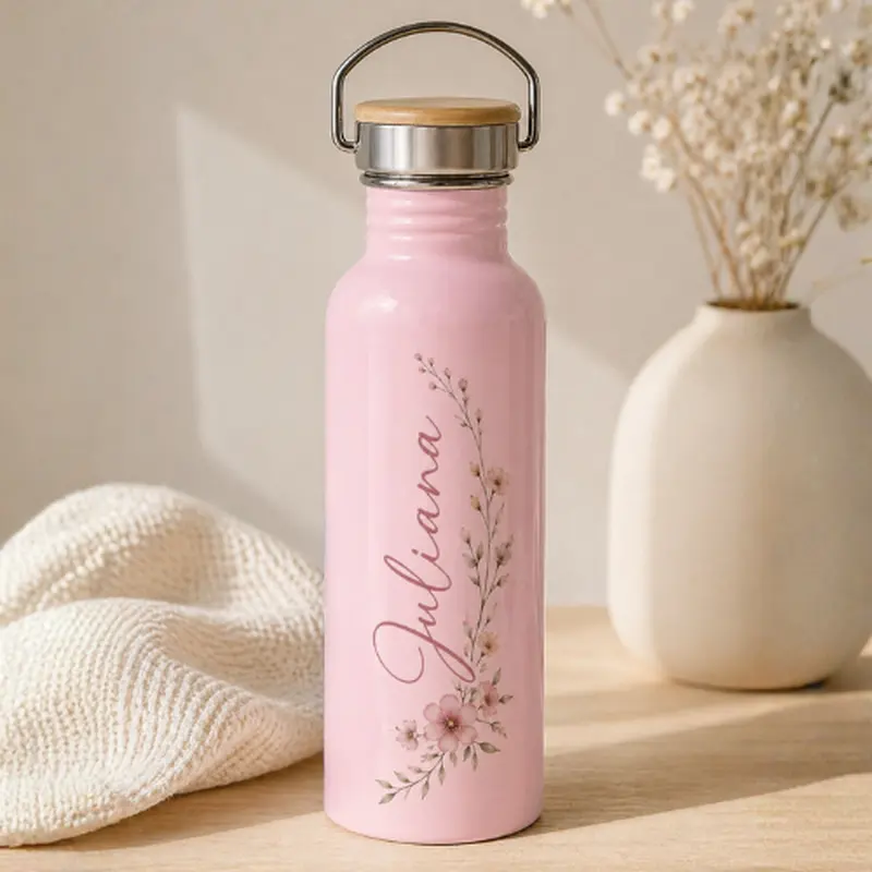 Garrafa de Inox Leiteira - 500ml - Parede Dupla - Térmica - Rosa Claro - Tampa Bambu