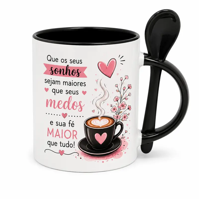 Caneca com colher - Interior e alça Preta - 325 ml