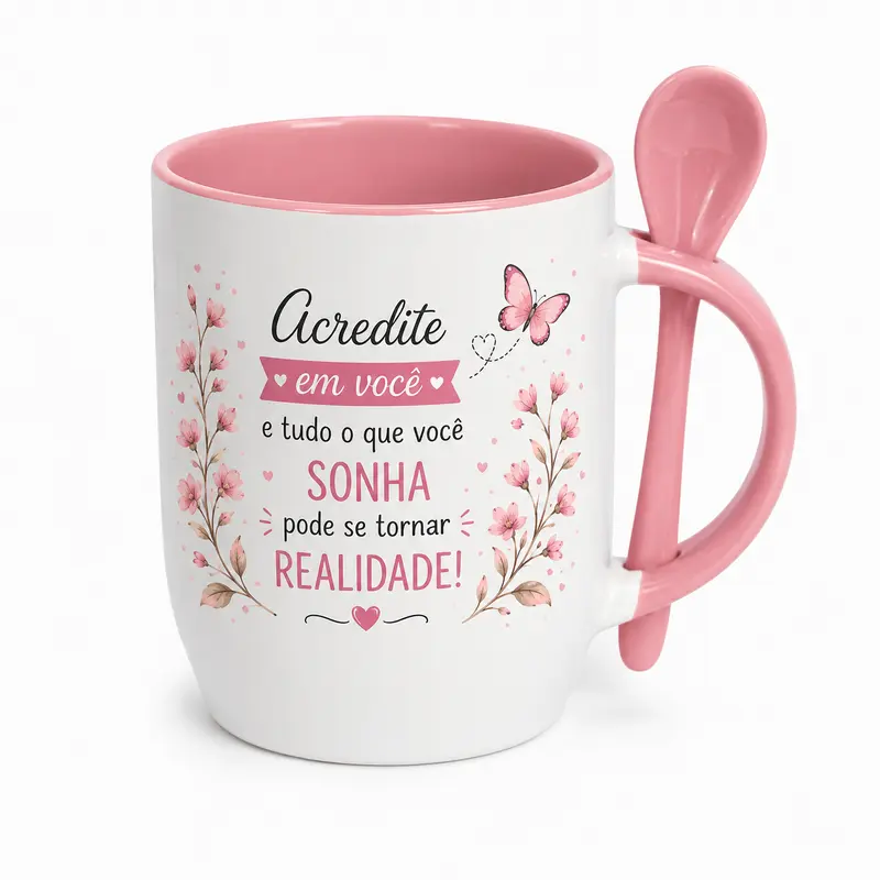 Caneca com colher - Interior e alça Rosa Claro- 325 ml