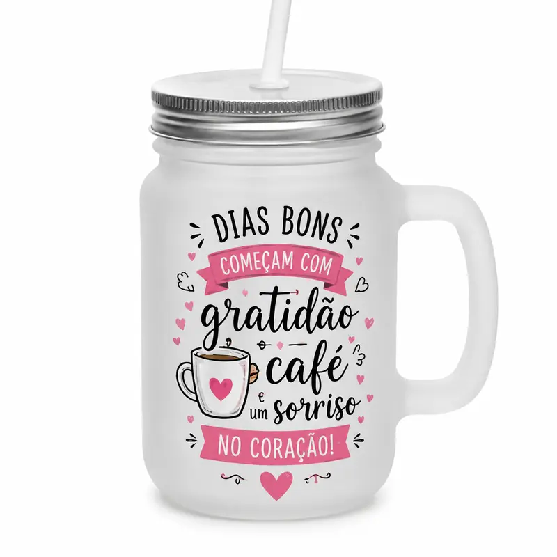 Jarra de Vidro Fosca - 475ml - Mason Jar - Tampa e Canudo